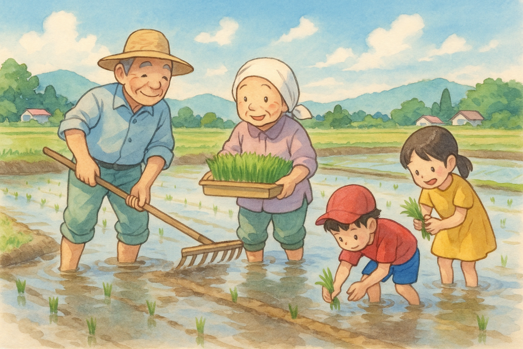 田植えを楽しむ家族と祖父母のイラスト|Rice planting with family and grandparents