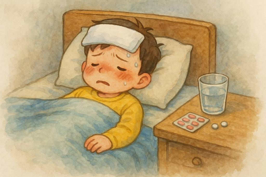 風邪で寝込む子どものイラスト|Illustration of a sick child resting in bed