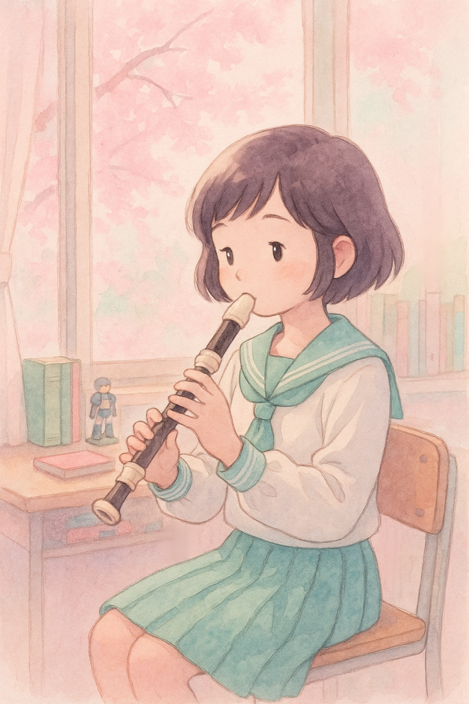 縦笛を吹く女子中学生の水彩風イラスト|Watercolor-style Illustration of a Schoolgirl Playing Recorder