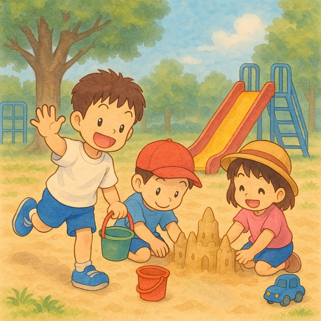 砂場あそびとすべり台のある公園風景|Children Playing in a Sandbox at the Park