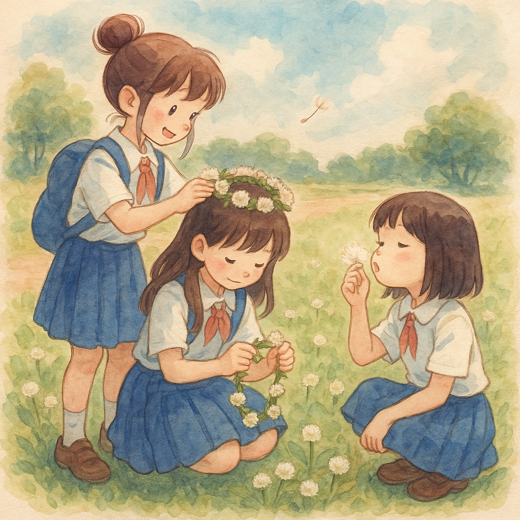 シロツメクサの冠と少女たち|Girls Making Clover Crowns in a Meadow