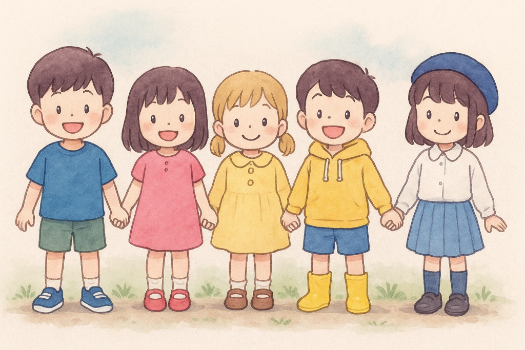 手をつないで並ぶ子どもたちのイラスト|Illustration of Children Holding Hands in a Line