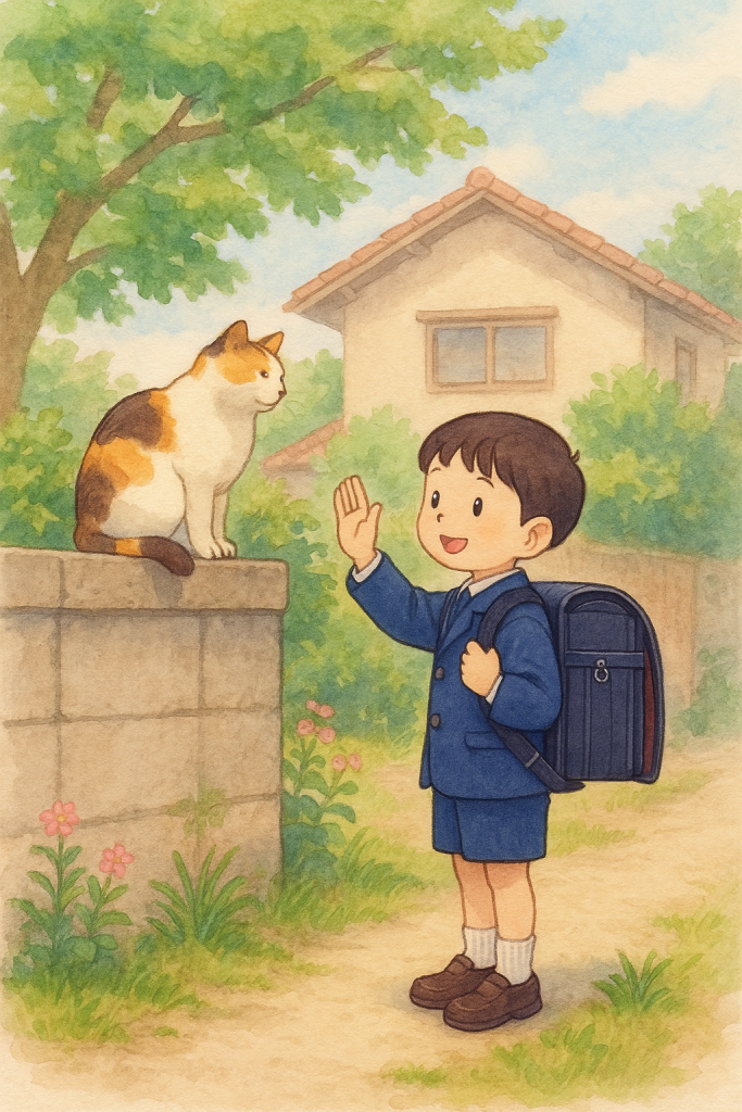 登校前のあいさつと猫とのふれあい|Morning Greeting with a Cat before School