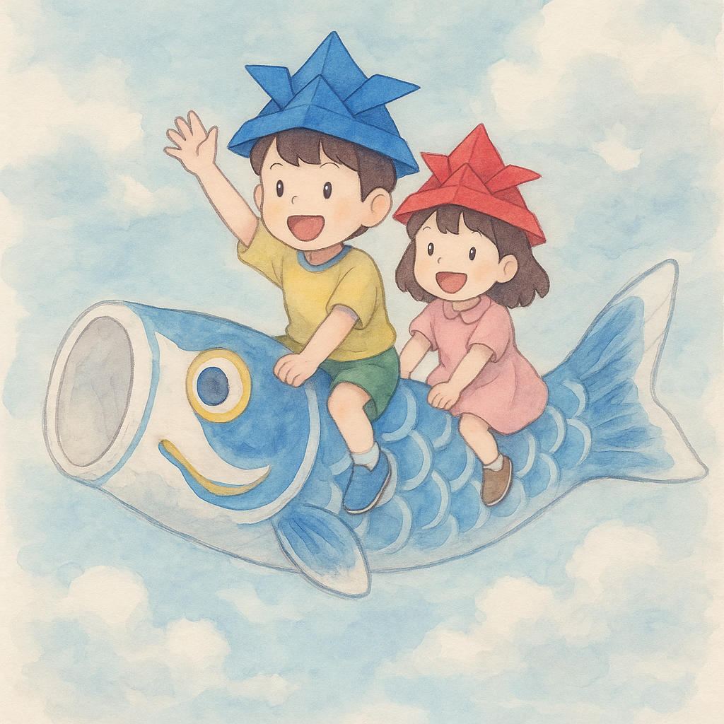 鯉のぼりと子どもたちの水彩イラスト|Children on a Flying Carp Illustration in Watercolor