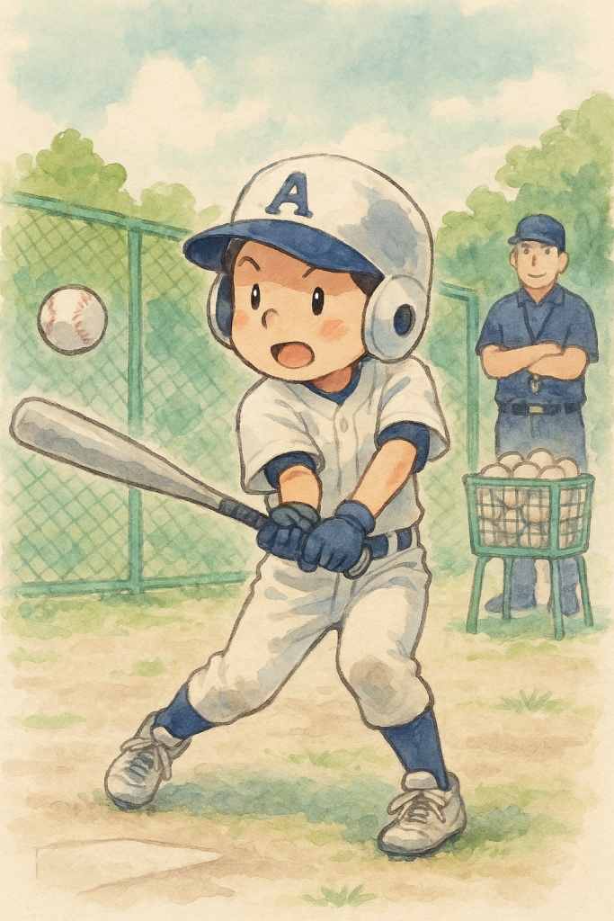 バッティング練習をする少年野球チームのイラスト|Youth Baseball Team Batting Practice Illustration