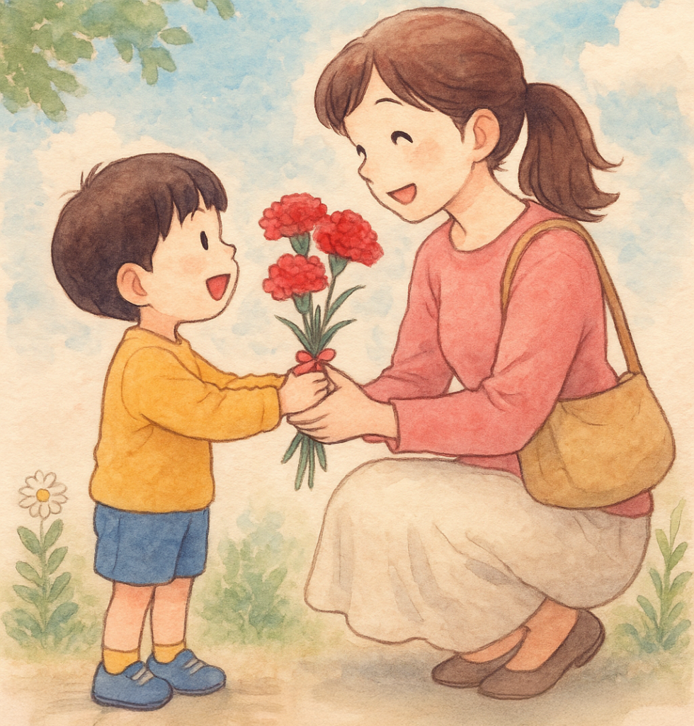 母の日の花束と親子のふれあい|Mother’s Day Bouquet and Parent-Child Moment