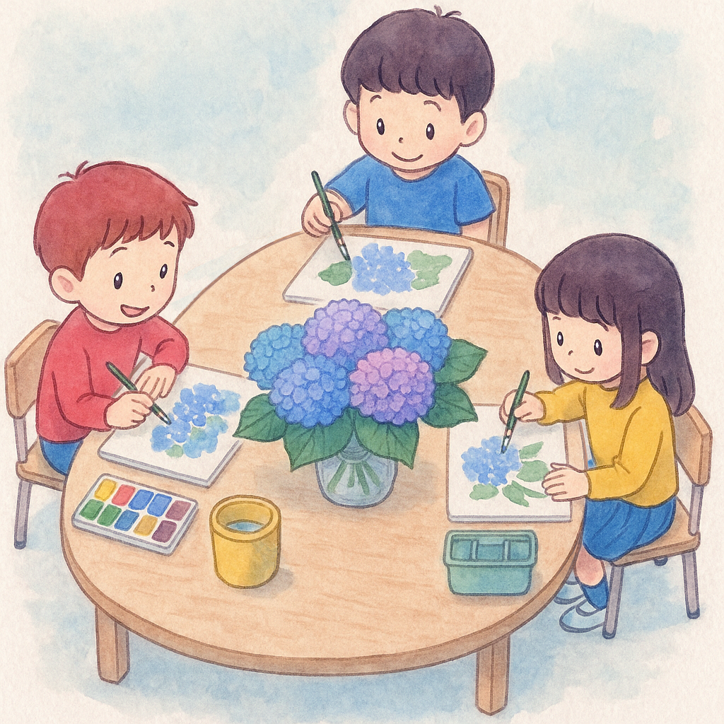 図工の時間とあじさいの写生|Art Class and Hydrangea Sketching