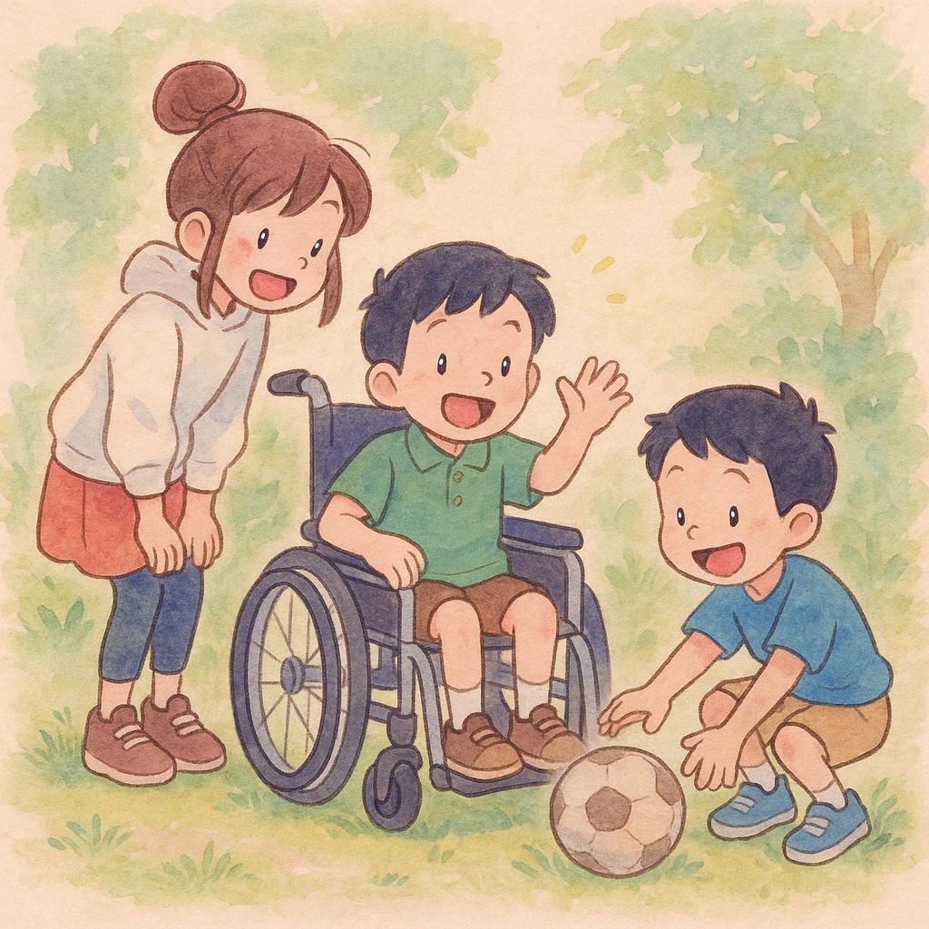 車椅子の友だちと遊ぶ子どもたち|Children Playing with a Friend in a Wheelchair